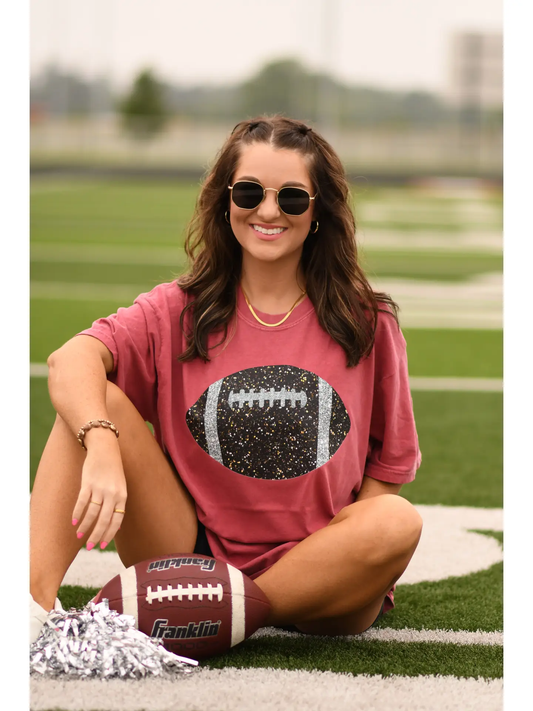 Crimson Glitter Football Tee