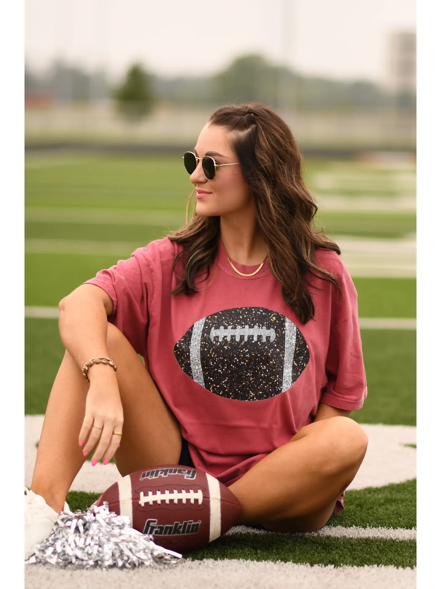 Crimson Glitter Football Tee